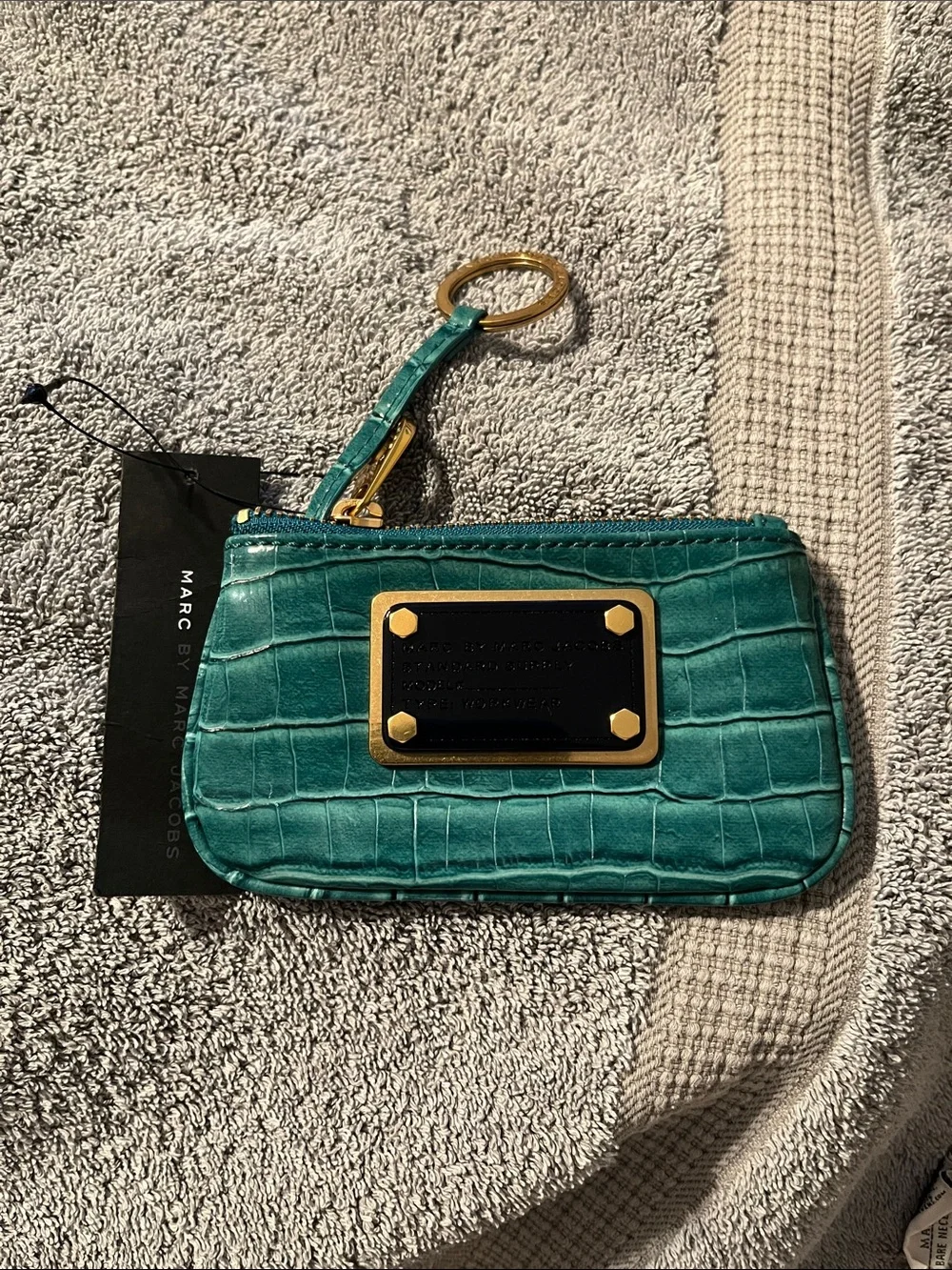 NWT Marc by Marc Jacobs Teal Croc-Embossed Zip Coin Pouch with Black Brass Plate